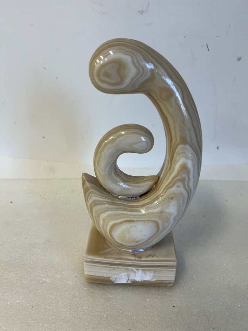 Abstract MCM "Mother and Child" Sculpture: Hand-carved from polished stone, likely onyx or marble. 10"H by 4.75"W.