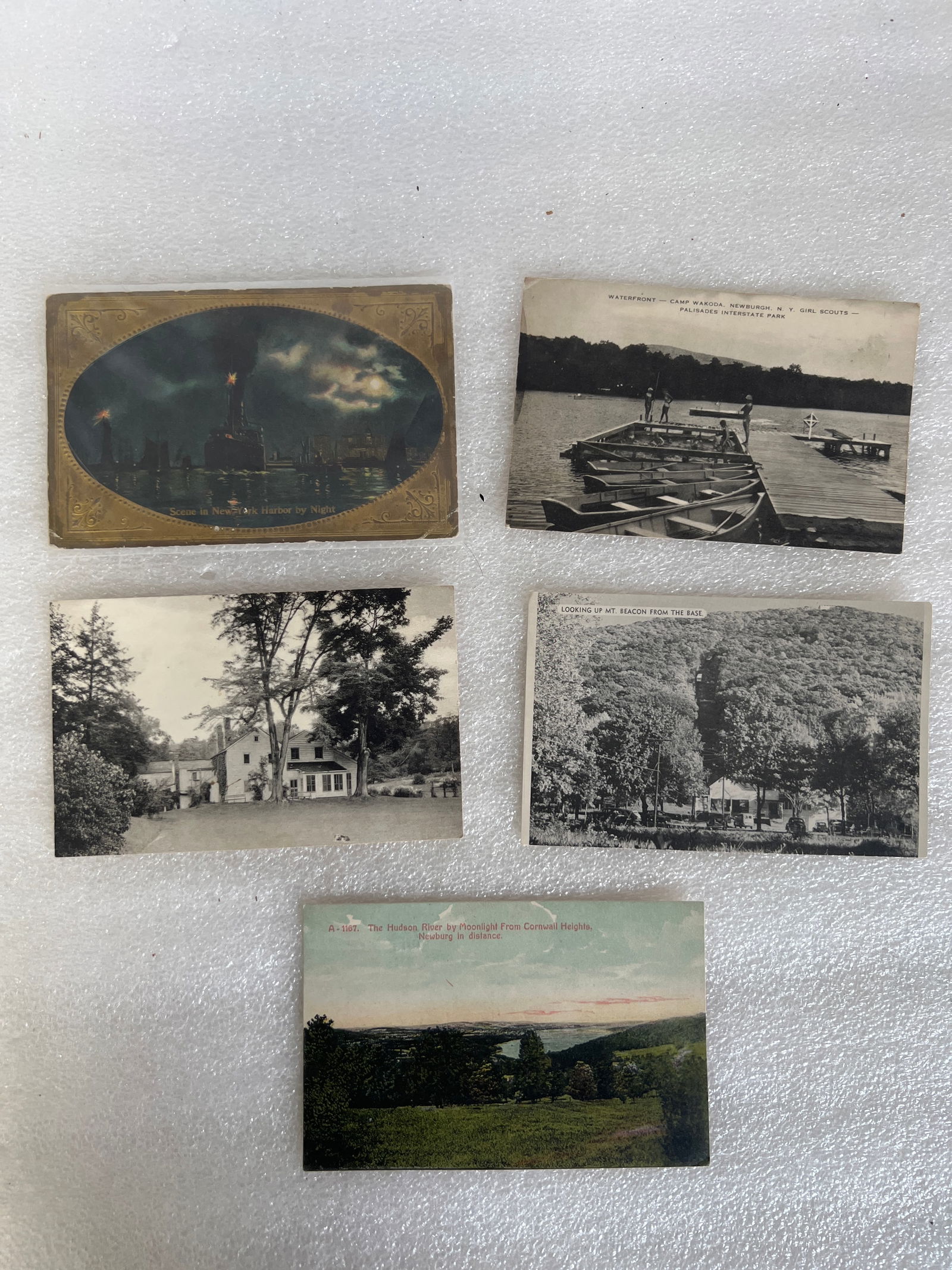 Local Post Cards (5): Warner House opposite West Point; Hudson River by Moonlight Newburgh (color); NY Harbor by night (color); Mount Beacon and Newburgh waterfront (B&W).