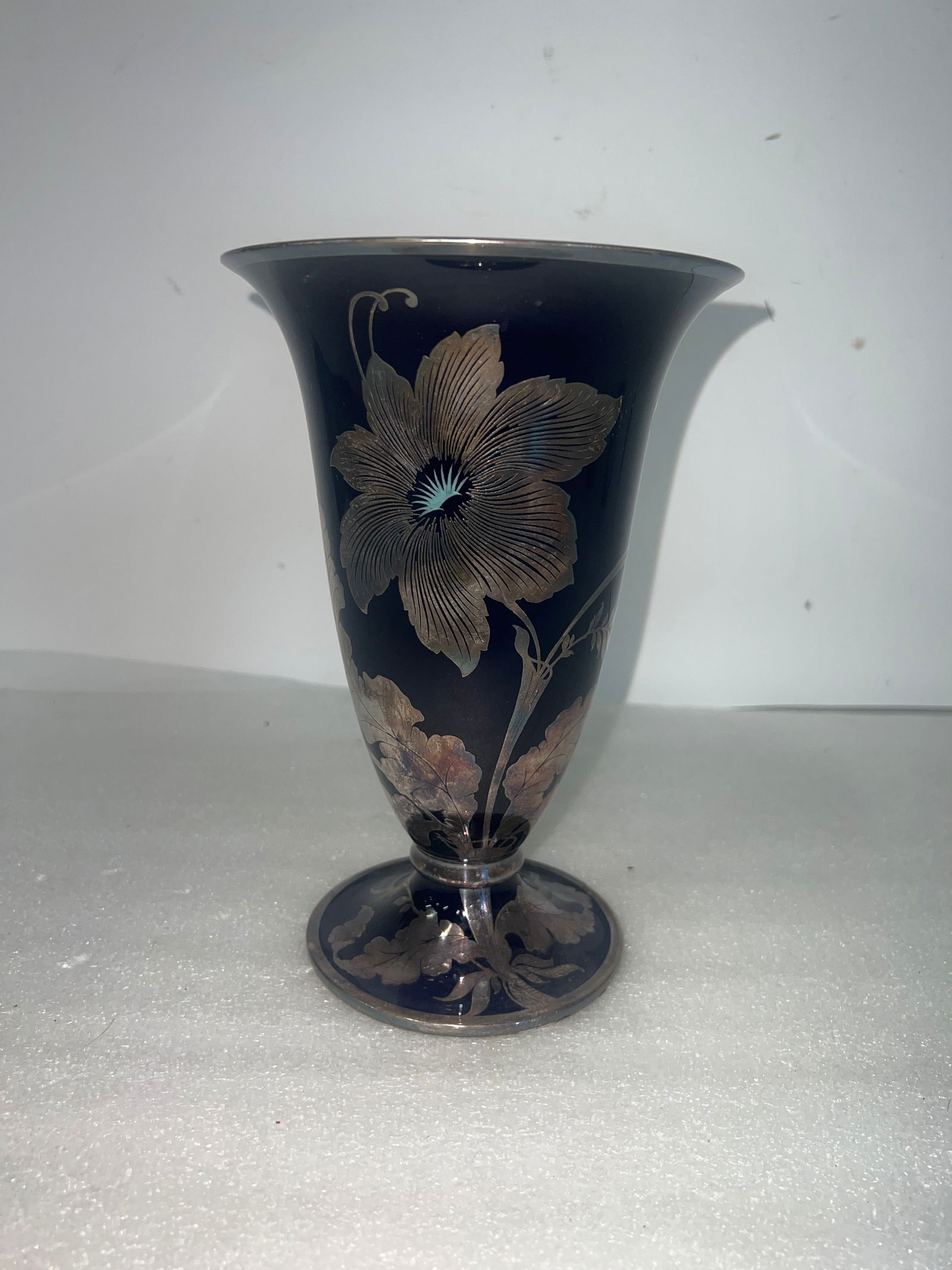 Rosenthal Cobalt Blue Silver Overlay Vase.: As pictured White Porcelain Interior Marked Rosenthal Germany at the underside. 9.25”H. 6.25”W.