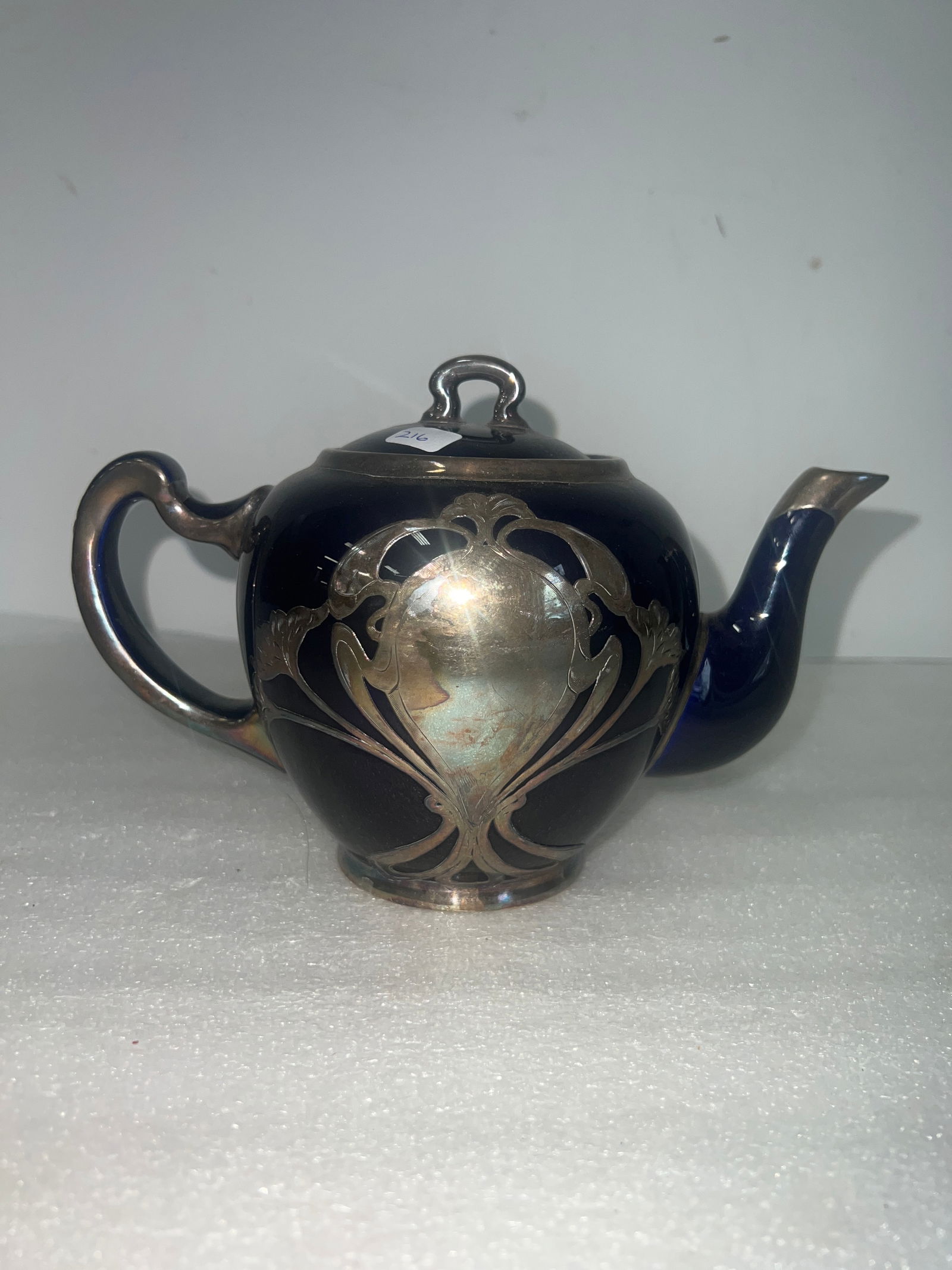 Lenox Silver Overlay on Cobalt Blue Tea Pot: Marked at the underside 6"H