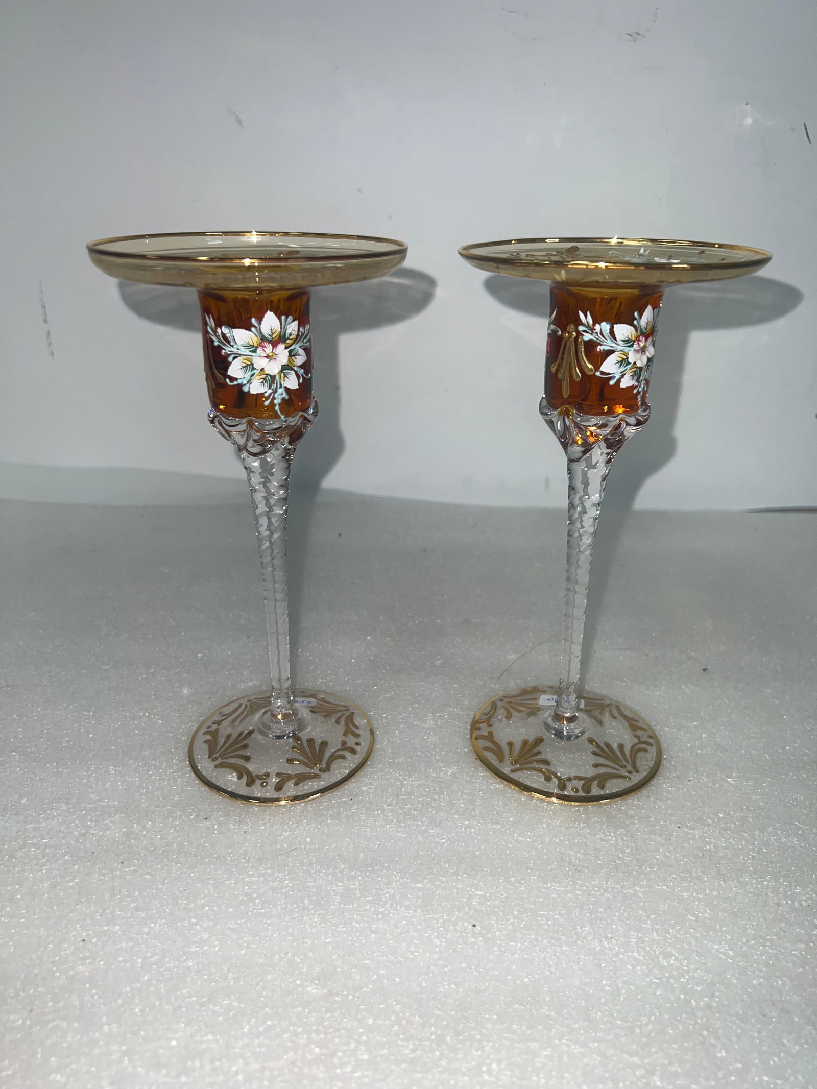 Hand Painted and Enameled Mt. Joy Type Candlesticks.: 9 1/4"H