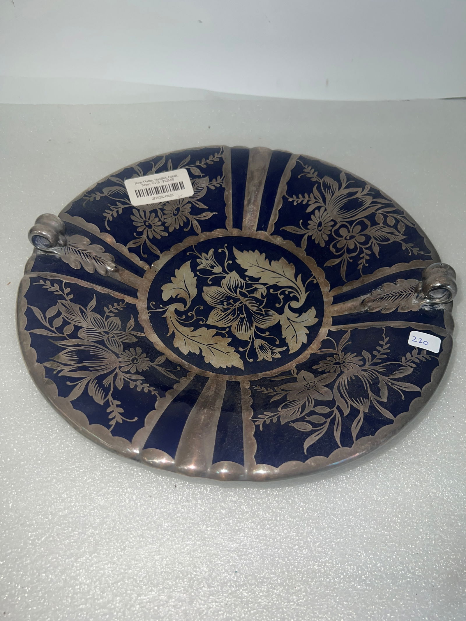 Large Silver Overlay Cobalt Antique Bowl: Ornate detailed decoration. Double loop handles. (chip on the underside). 12” in D by 3”H