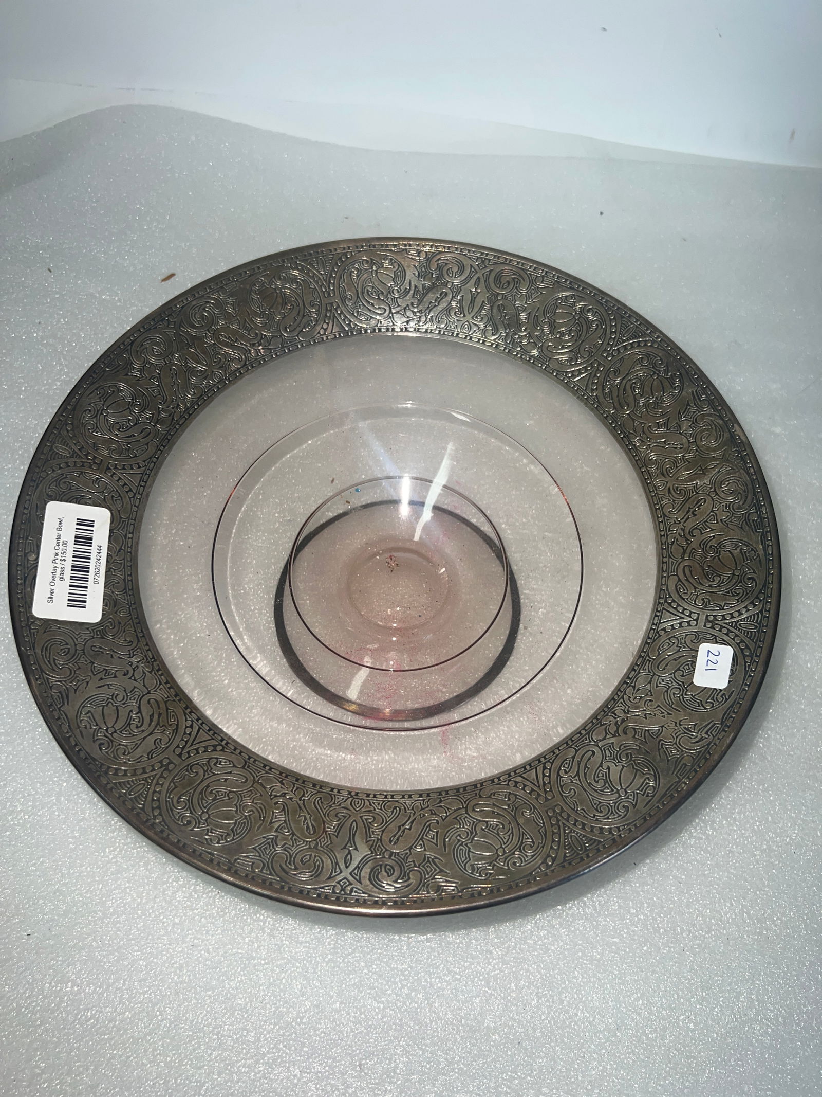 Silver Overlay Pale Pink Bowl: 4"H 12 1/2D