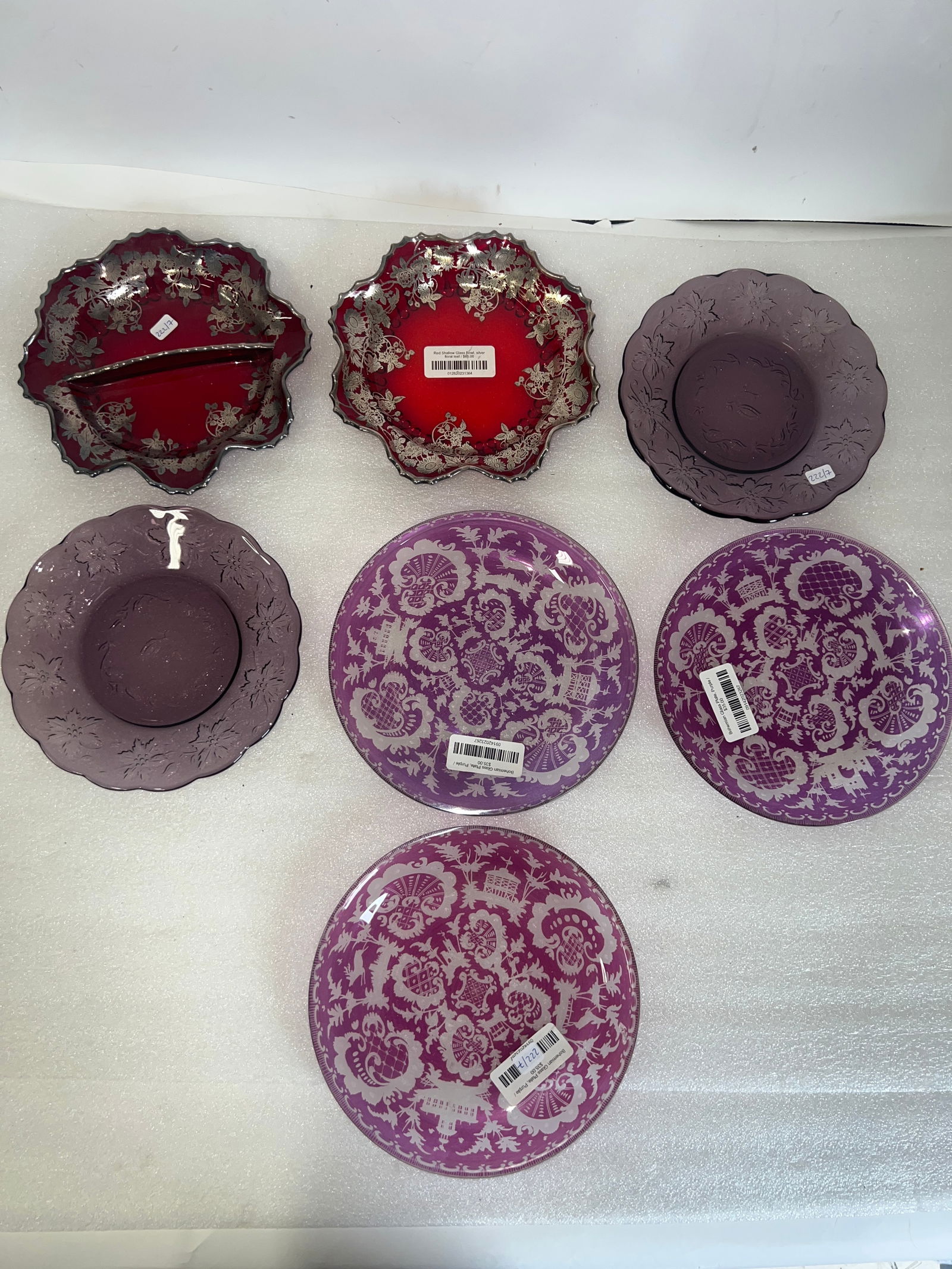Cranberry Silver Overlay dishes(2) Bohemian Plates (3) and Amethyst Glass Plates (2) 7 pcs.: 8" to 8 1/2" Seven pcs. in the lot