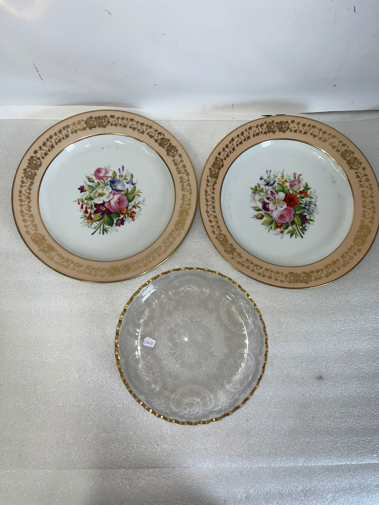 Oversized Hand Painted Platter (2) and Gilt Rimmed Etched Bowl: 13"D (2) and 10" Glass Platteer