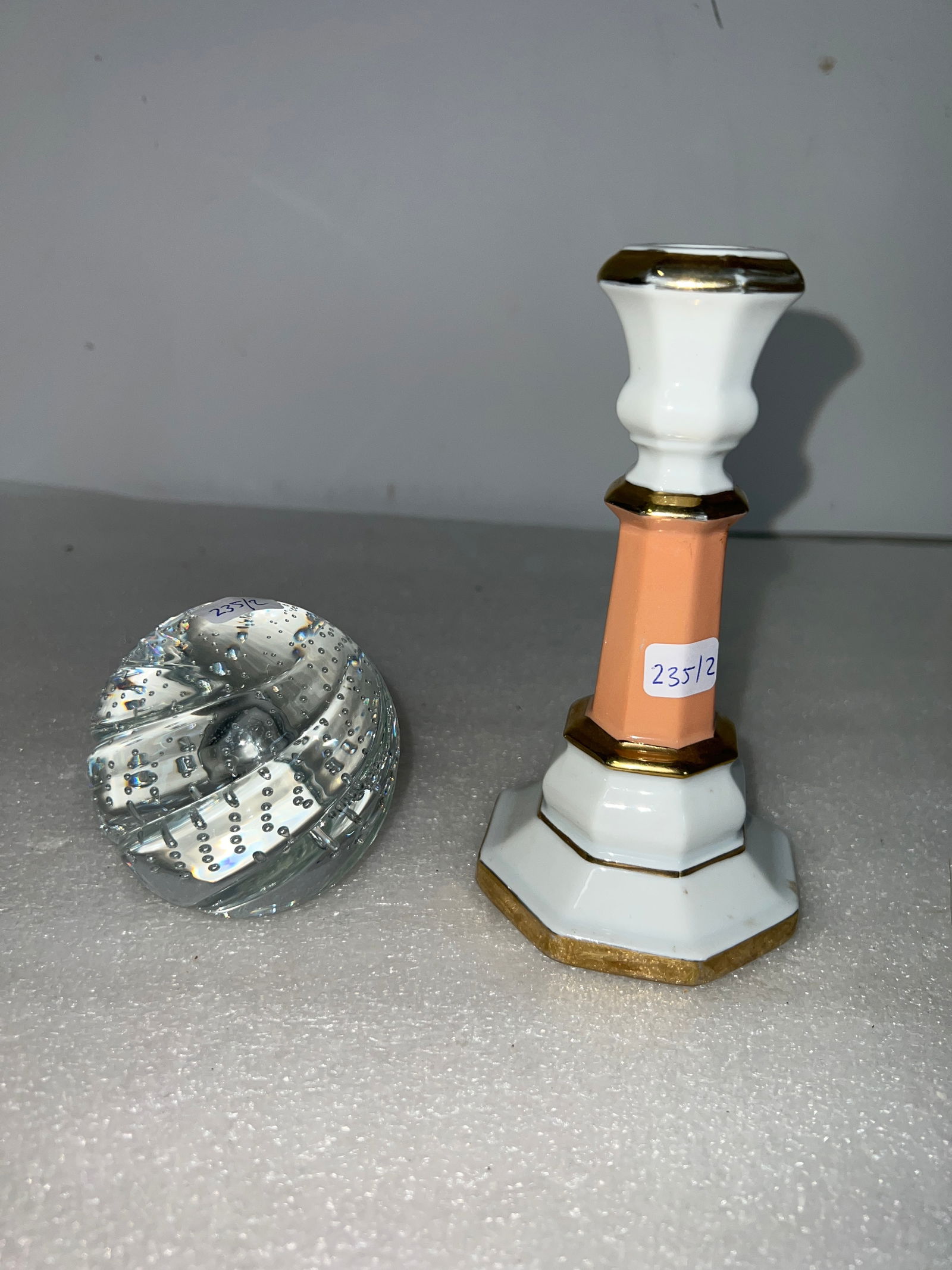 Antique Paperweight & Candlestick (2): 3"H and Candlestick is 6" and marked Andrea by Sadek. Two in the lot.