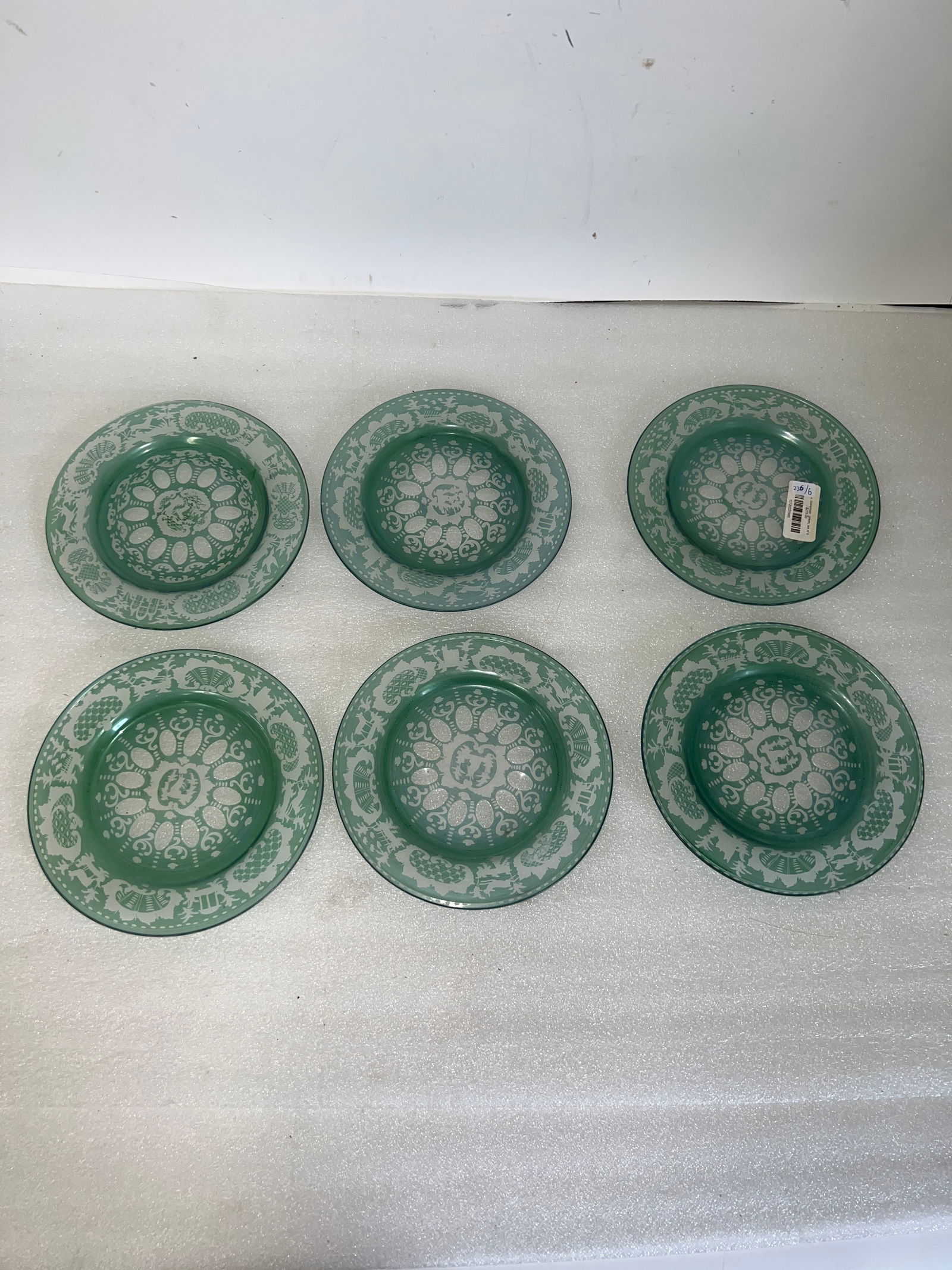 Green Bohemian Glass Plates (6): Six in the lot. 8"D