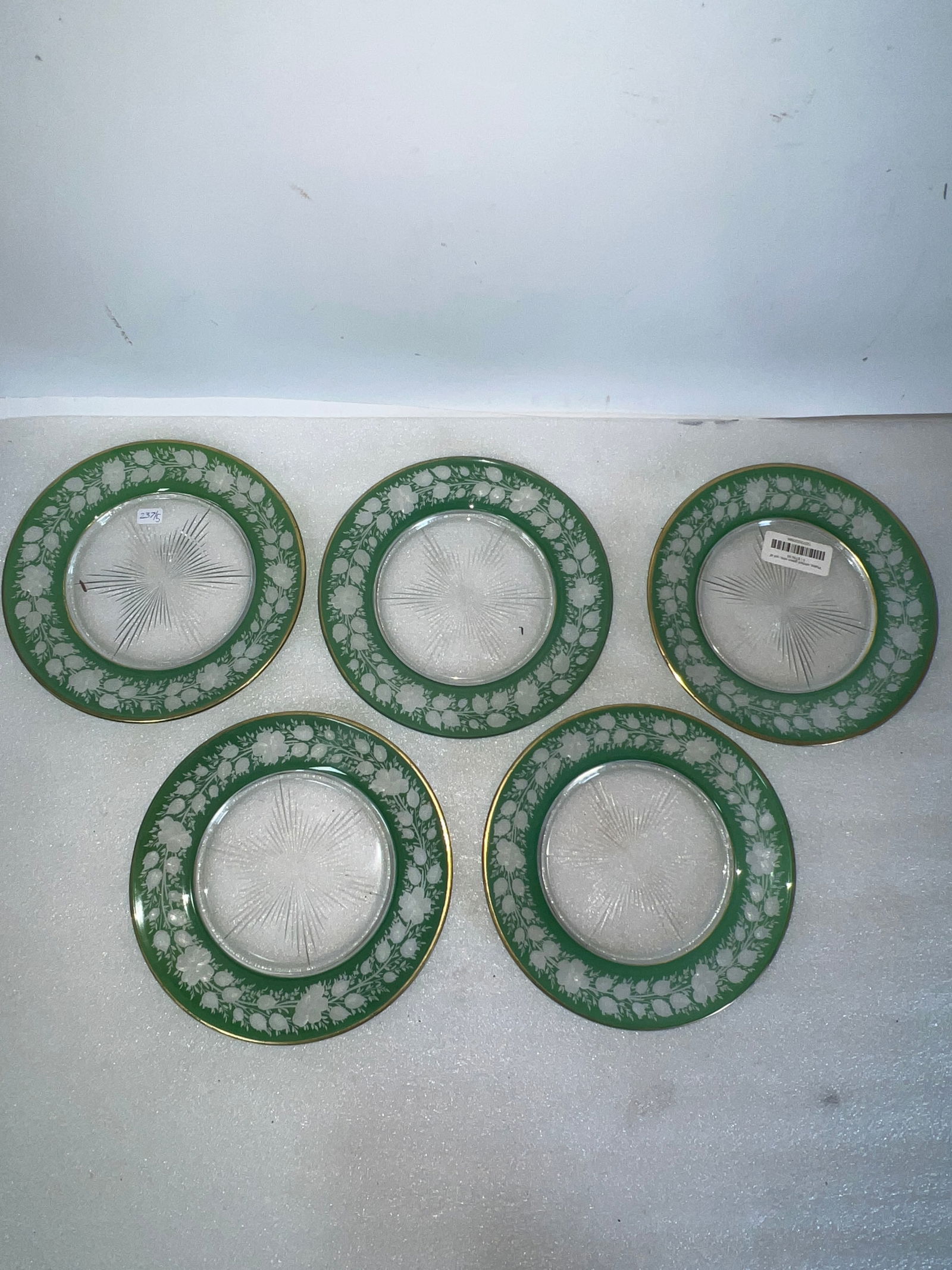 Antique Green Glass Bordered Plates (5): Five in the lot. 8"D