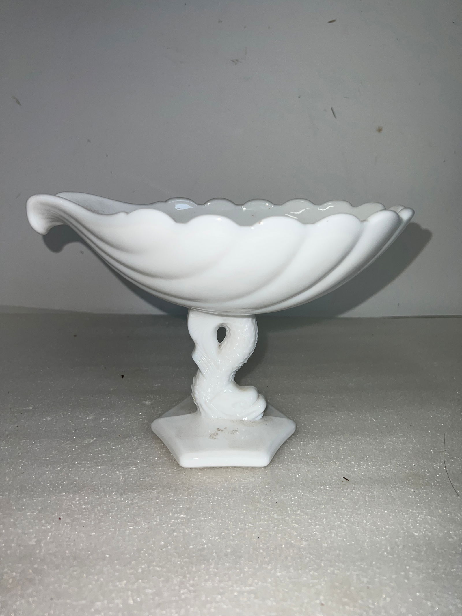 Dolphin Figural Milk Glass Compote: 6" H. x 9"W