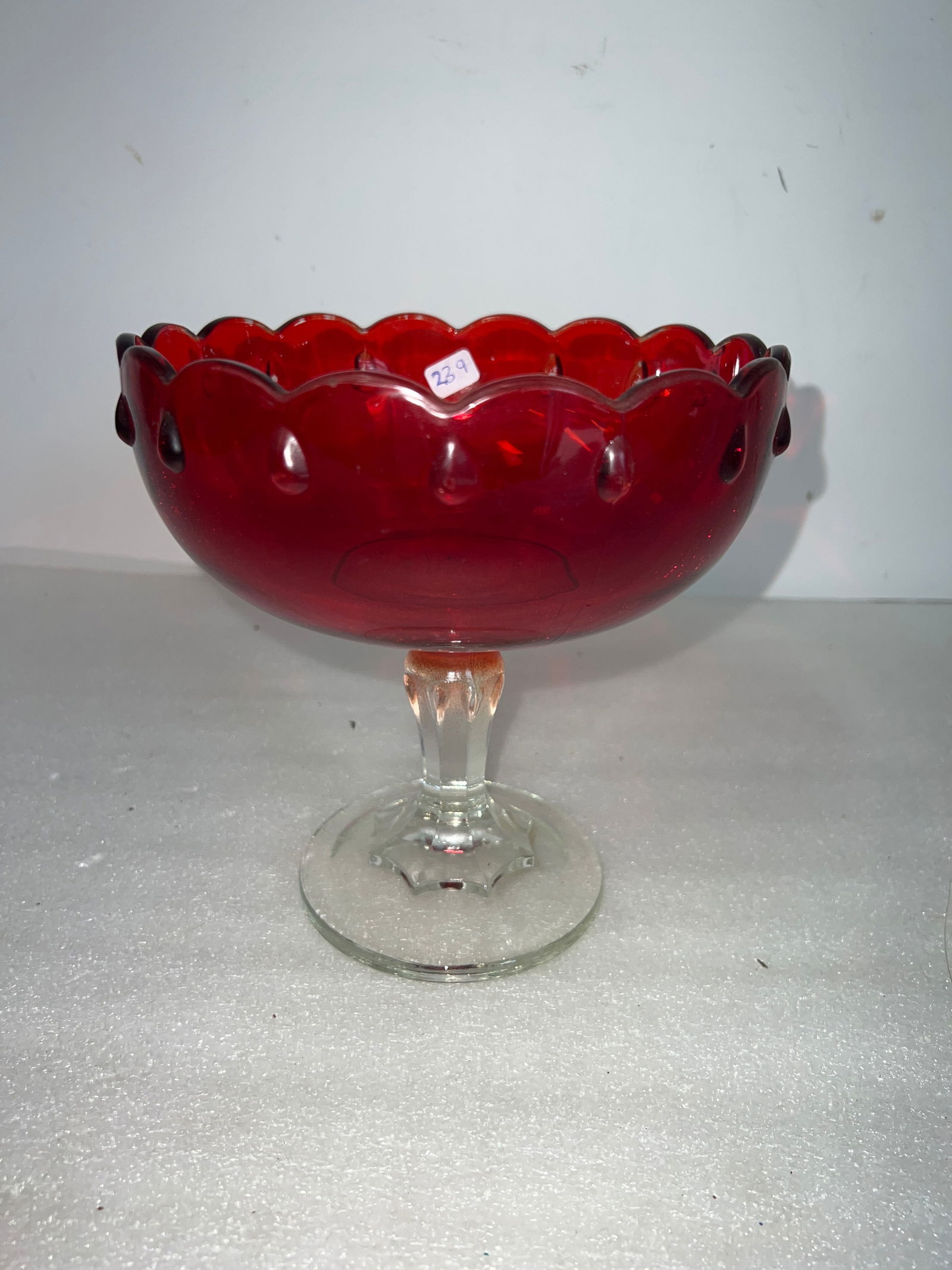 Antique Ruby and Clear Glass Compote: 7 1/4"H x 7 1/2"W