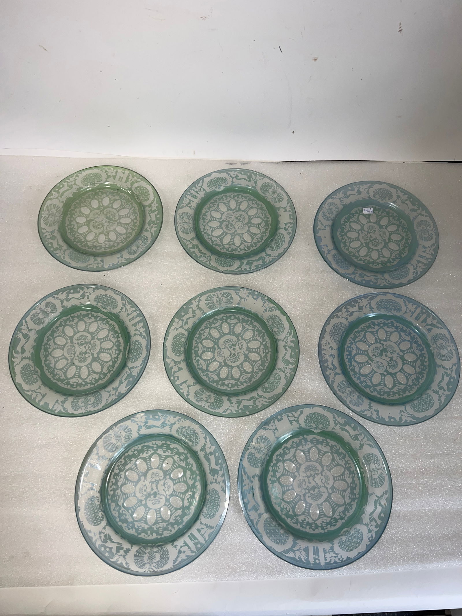 Antique Bohemian Glass Green Plates (8): Eight Bohemian Green Glass Fancy Decorated Plates 8"D