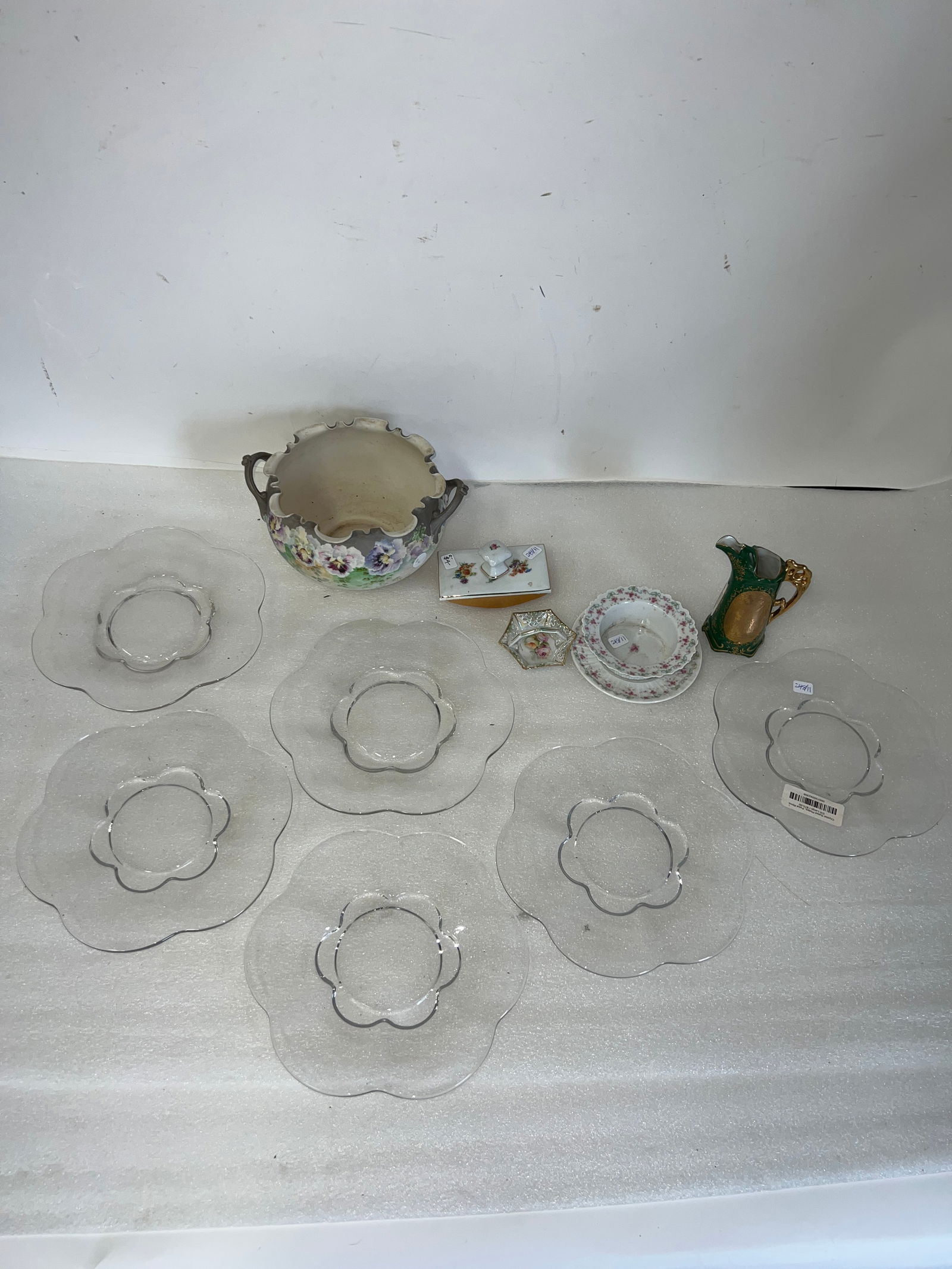 Collector or Dealer's Lot of Antiques (11): Renaissance hand painted pitcher marked at the underside 5 1/2”H; hand panted porcelain blotter 3”H by 5”W; hand painted German ramekin 2”H by 5 1/2”W; six antique crysta