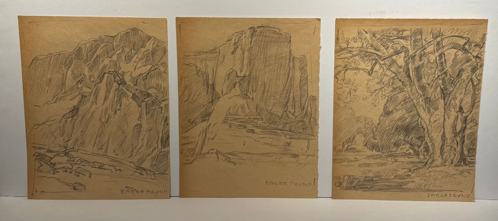 Edgar Payne; Three(3)American Western Pencil Sketches - Western Landscapes Signed: Edgar Alwin Payne(1883-1947); Three(3)American Western Pencil Sketches - Western Landscape Studies Each Signed; 10.5in. x 8in.(image size) Paper toning, unframed