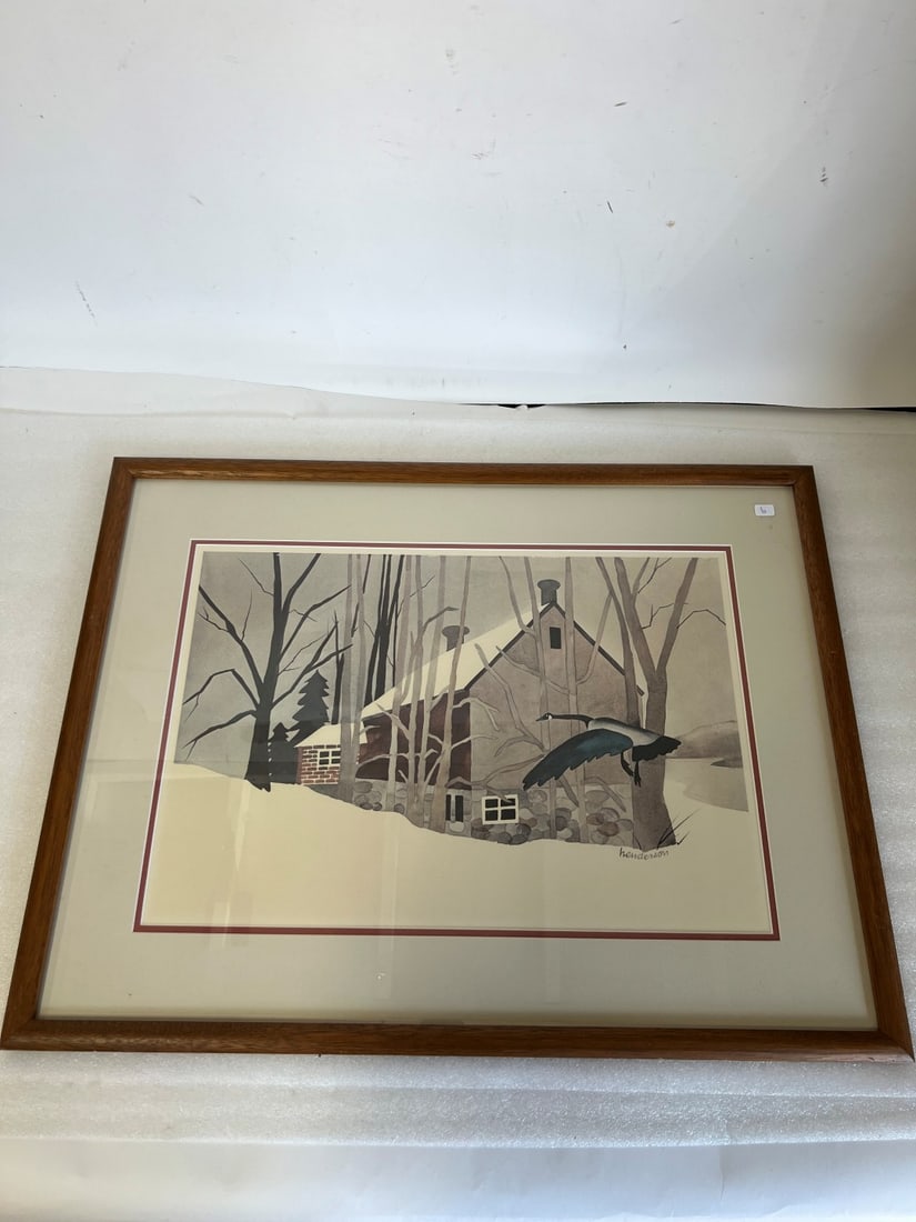Sgd Henderson Winter Scene "Geese Frozen Lake House": 22" H by 28" W. Fine print after original pastel
