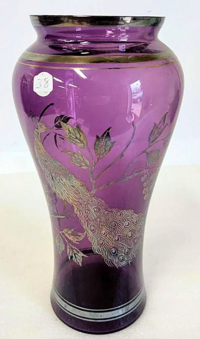 Amethyst Art Glass Vase Silver Overlay: 12:H. Most minor chip outer rim.