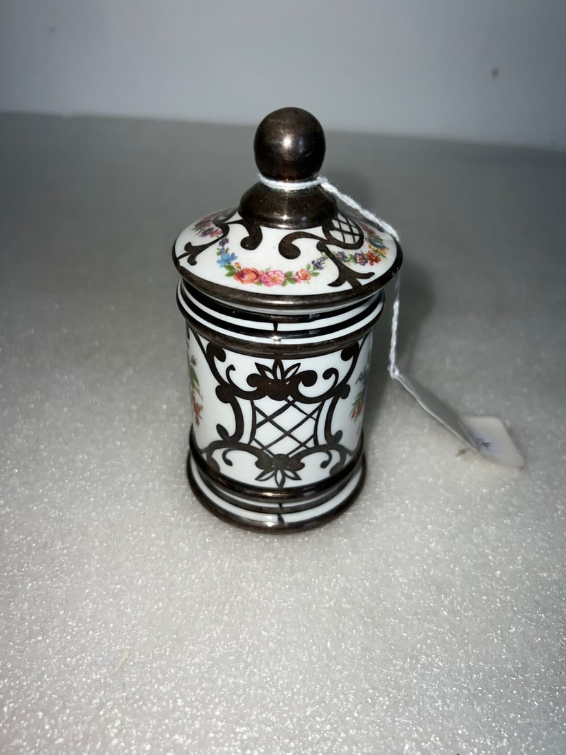 Artlyns Covered Silver Overlay Hand Painted Jar: 4 1/2"H