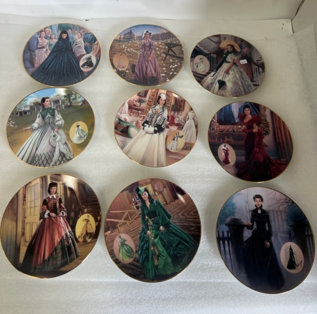 Bradford 1994 Gone with The Wind Plates (9): As pictured"All plates are 8.25” im diameter. Lot includes: “Paid Business Attire”, “The Country Walking Dress”, “Widows Weeds”, “The Green Drapery Dress”,