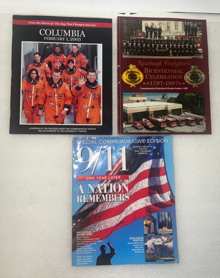 1997 Newburgh Firefighters Bicentennial Book & Others (3): 1797-1997 Newburgh Firefighters Commemoration Festivities and Parade Book, Oct 4 1997 and two others, Columbia, Feb. 1, 2003 and 9/11 One Year Later A Nation Remembers Two magazines and soft cover