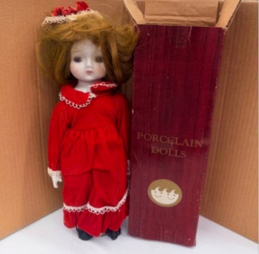 Collectible Vintage Porcelain Doll In Red Velvet Dress (1 of 3)