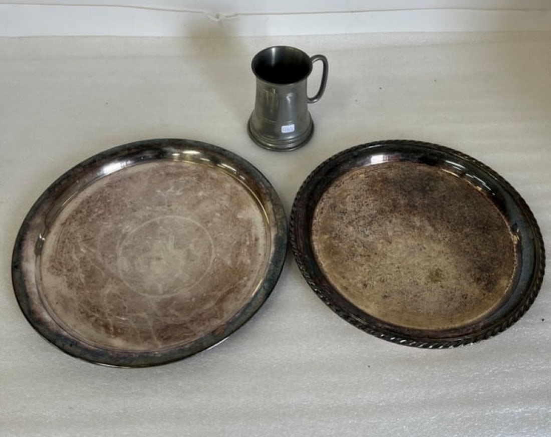 Antique Pewter Mug and Silver Plated plates (3) (1 of 3)