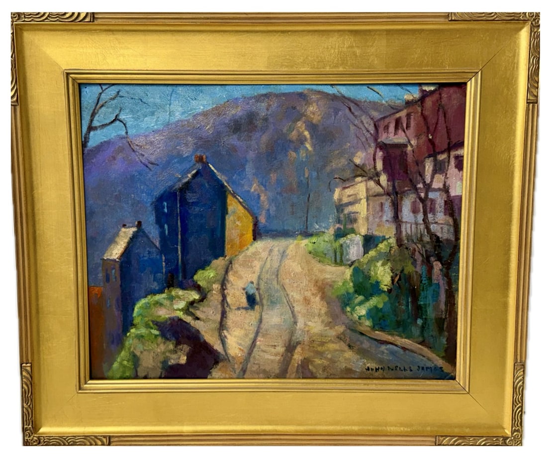 John Wells James; American Oil Hilltown Road Signed: John Wells James(1873-1951) oil on canvas board. Hilltown Road. Signed lower right and inscribed on reverse; 16in. x 20in.(image), 22.5in. x 27in.(framed)