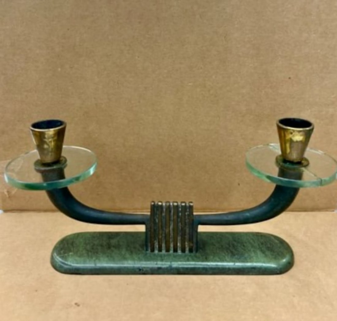 Vintage PAL-BELL Israel Candle Holder: One of the glass pieces has been glued together. Marked "PAL-BELL CO Made in Israel" at the underside. 4.5"H 9.75"W.