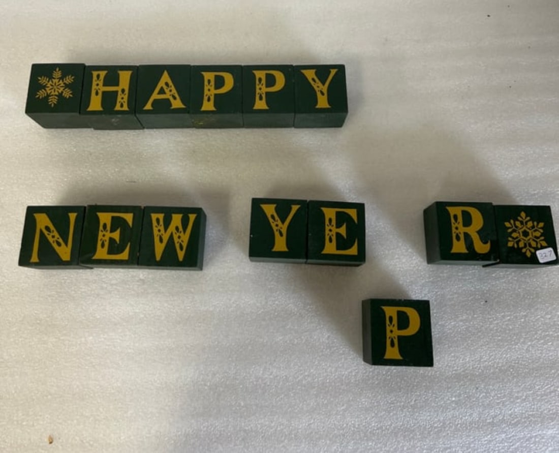 Merry Christmas/Happy New Year Wooden Blocks: Hand Painted. One side for Christmas. One side for the New Year. 2 1/2" square. Missing an A for Happy New Year but can use A from Merry Christmas.