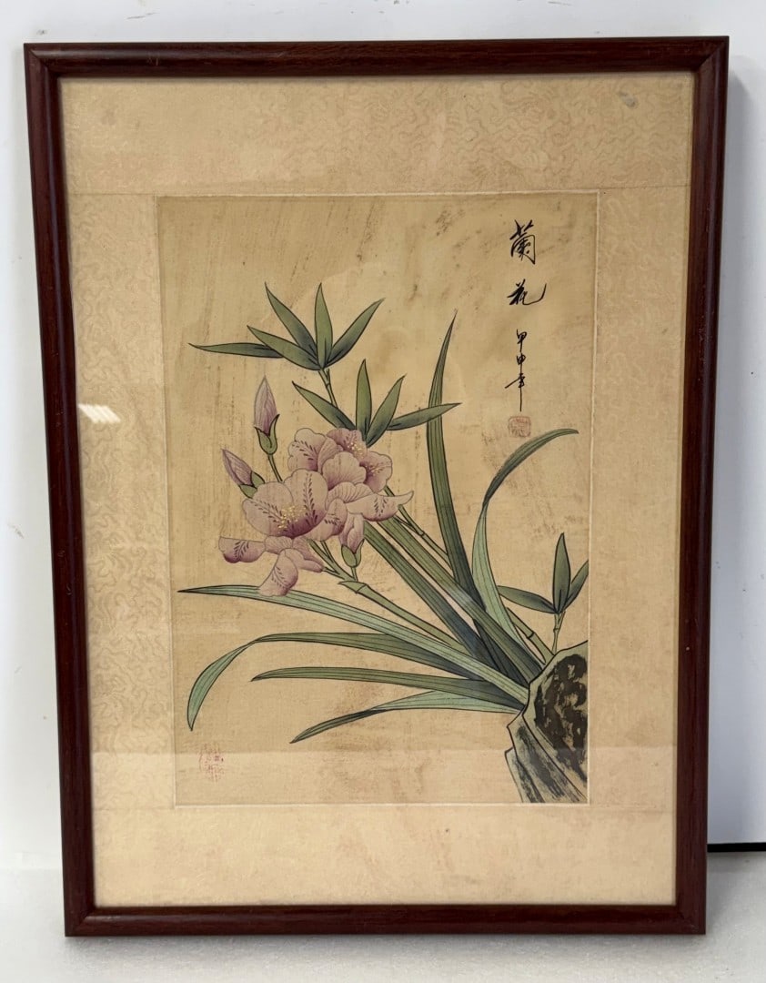 Japanese Watercolor on Silk: Watercolor on silk. Iris. Signed upper right;