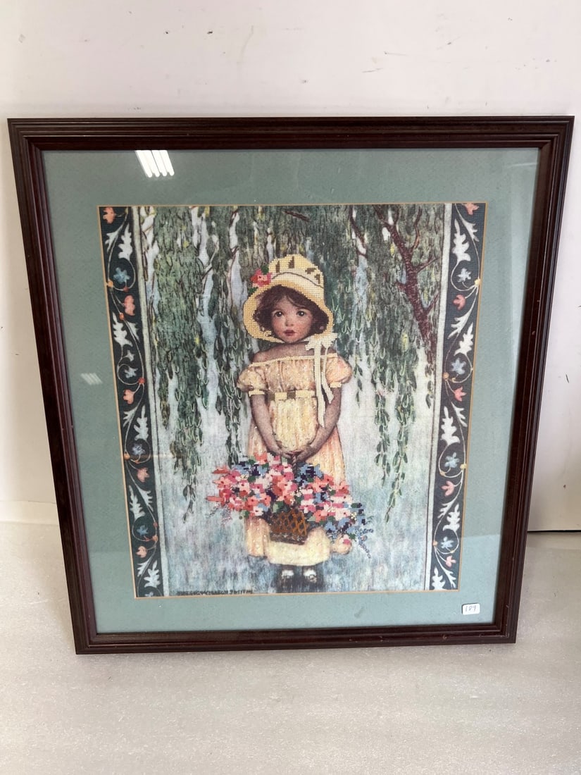 Jesse Wilcox Smith Needlepoint: Signed Lower Left. Matted and Framed. 21 x 19 1/2W Overall size.
