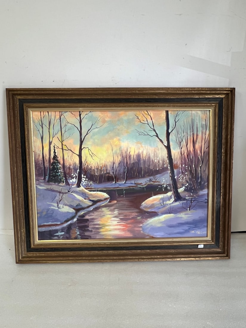 Th. Halcom. Oil on Board. Winter Scene Sgd.: Sgd.L. R. Th. Halcom Frame 23 1/2" x 29"