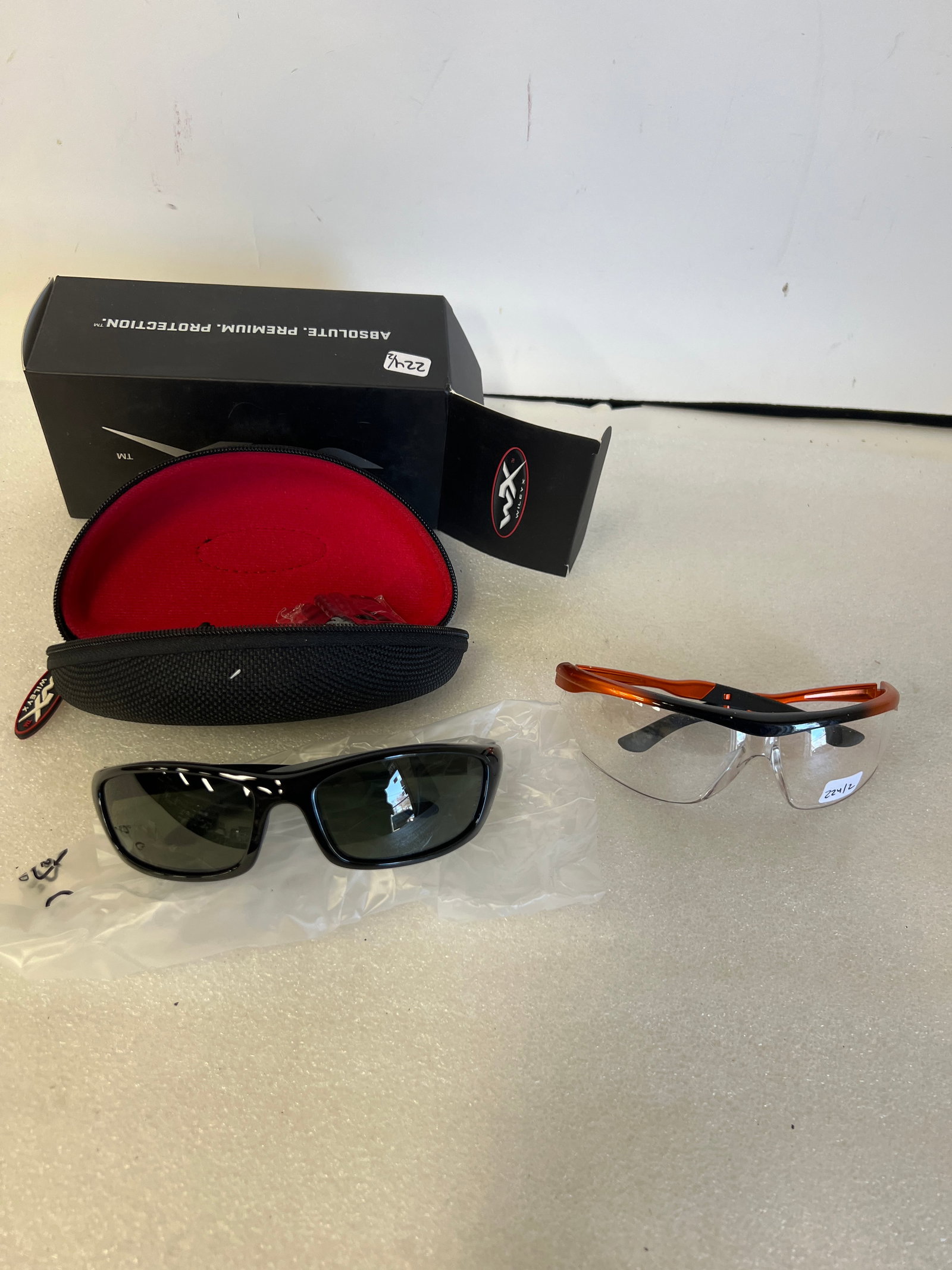 Wiley Ex P 17 Sunglasses & Safety Glasses: in zippered case with original plastic wrap and booklets. Never been used. New. Safety glasses are marked Toolfreak.