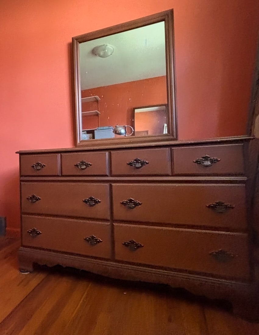 Walnut Eight Drawer Dresser with Mirror: 50" H by 31 1/2" W x 18" Deep