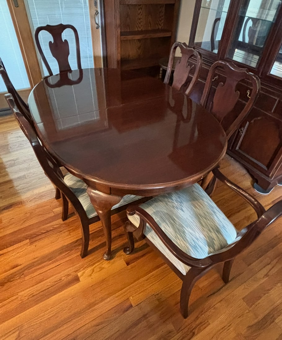 Vintage Walnut Dining table With Vintage Chairs: 26" H by 35 1/2" W. Plus Leaves, Six Chairs Included