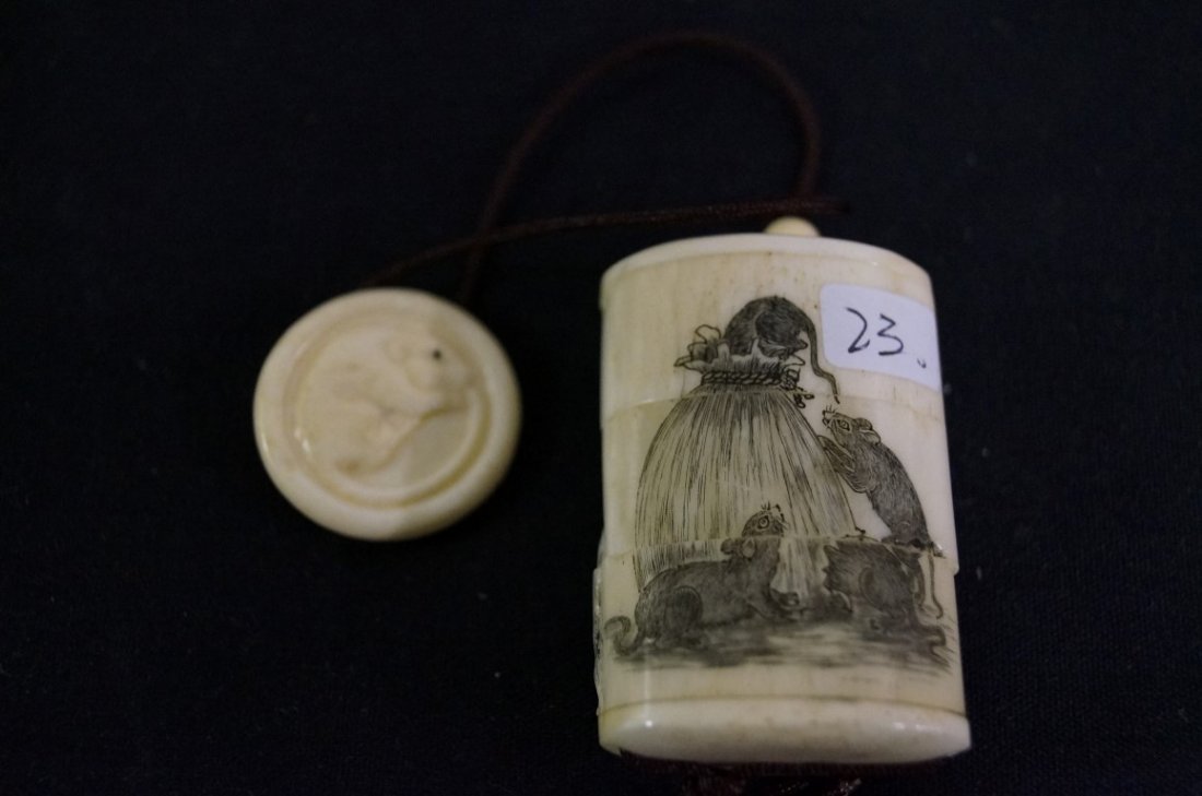 Marine Ivory Inro: Scrimshaw decorations of mice on a haystack on one side and high relief decorations of mice "raiding" satchels on the other side; 2in. H., 7in. Overall