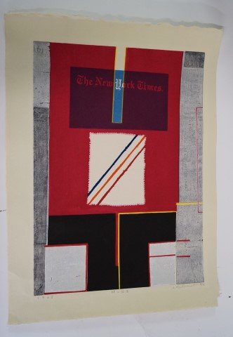 Matsumoto; Japanese Post War Modern woodblock: Woodblock print. The New York Times pencil signed, titled, numbered 19/30 and dated 1965; 27in. X 20in. With margins