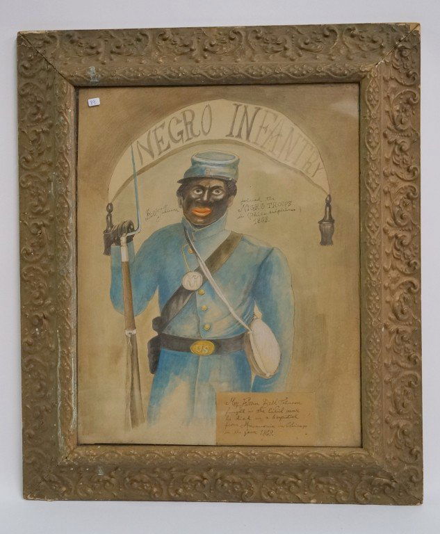 Folk Art watercolor painting: Watercolor, Negro Infantry. Signed Billy Johnson. Inscribed; 19.50in. X 15.50in.