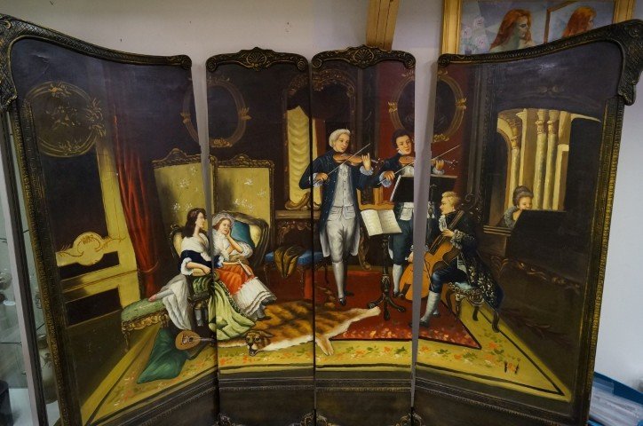 Victorian hand painted four(4) panel screen