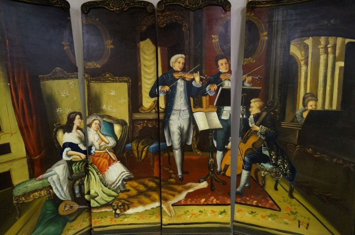 Victorian hand painted four(4) panel screen - 3