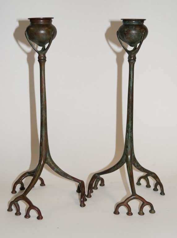 Pair of Tiffany bronze Root Candlesticks.