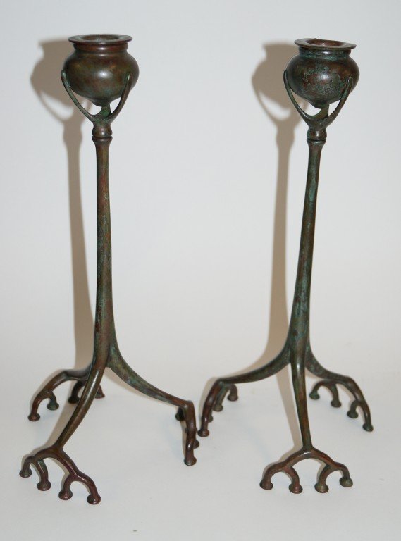 Pair of Tiffany bronze Root Candlesticks. - 6