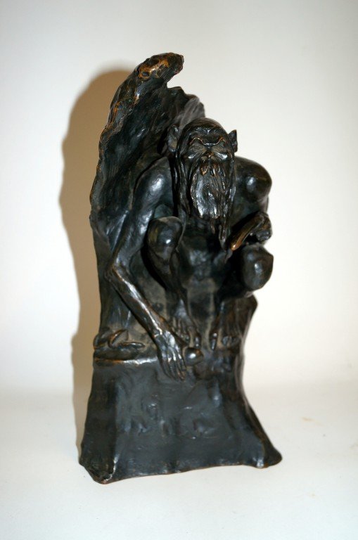 Frederic Remington; Amer. Bronze Grouping signed: Bronze grouping, Paelolithic Man signed and inscribed. Dated 1906. Marked with foundry mark, Roman Bronze Works; 14.5in. H.