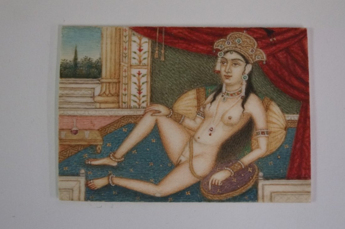 Erotic Persian Painting on Ivory: Miniature erotic painting on ivory; 2in. X 3in.
