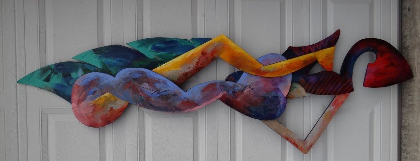 Jonas Gerard; 20th C. painted wood assemblage signed: Painted wood assemblage, Sliver Opposing Joined signed and dated '95. Inscribed, signed and dated on reverse; 27in. H. x 77.5in. L.