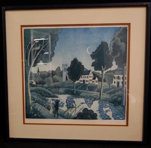 Thomas McKnight; hand colored etching signed: Hand colored etching, moonlit landscape with figures pencil signed and numbered XVIII/XX; 17in. H. x 18in. W.