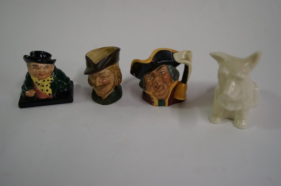 Lot of (four) porcelain miniatures: Lot to include: two(2) Royal Doulton miniature Toby mugs; Doulton figure Tony Weller; Belleek porcelain Scottie dog; 2.5in. - 3.5in. H.