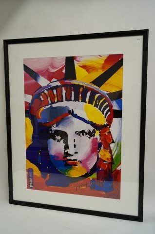 Peter Max print: Brilliant print Lady Liberty. Signed in permanent ink by the artist; 32.5in. X 23.5in.(image size). Gallery mounted and framed. 41.5in. X 33.5in. Overall