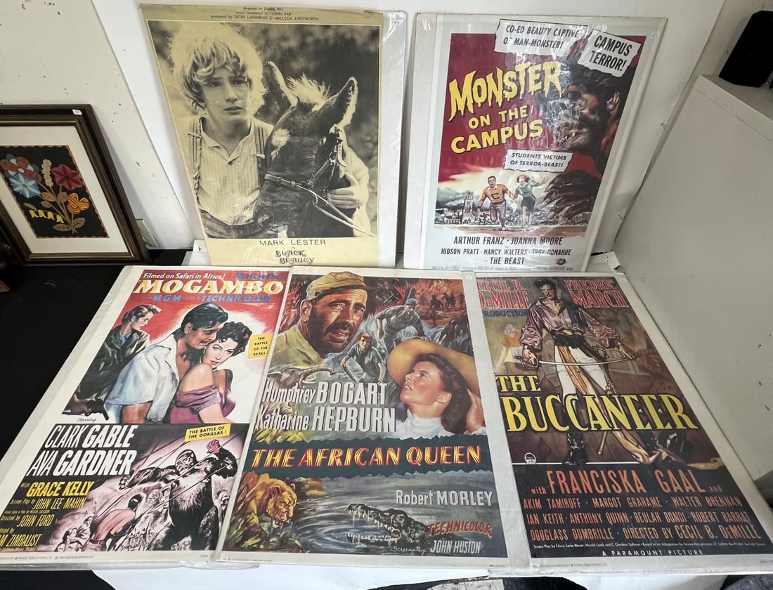 Lot of Vintage Movie Posters (5): Mark Lester In Black Beauty, Monster of the Campus, Mogambo, The African Queen, The Buccaneer 28" H by 20" W
