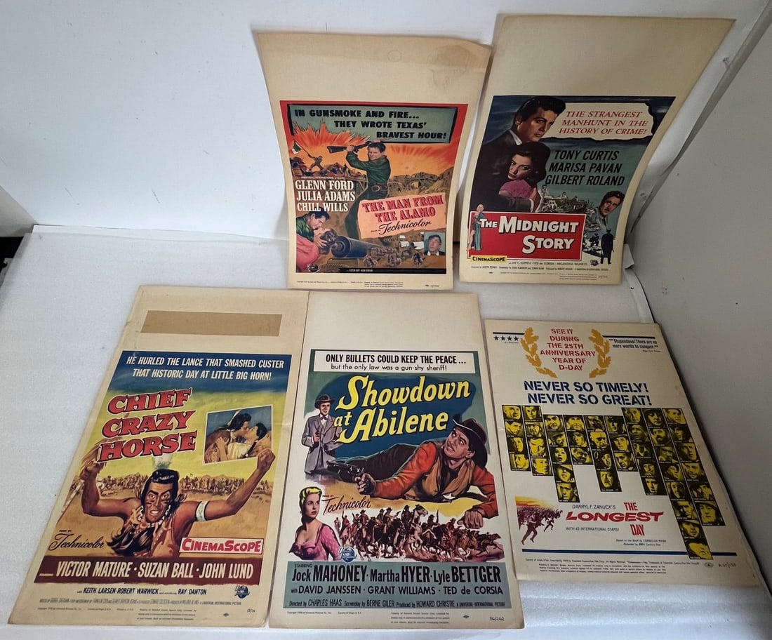 Lot of Vintage Movie Posters (5): The Longest Day, The Man From the Alamo, Showdown at Abilene, The Midnight Story, Cheif Crazy Horse. Largest 22" H by 14" W Smallest 17 1/4" H by 14" W