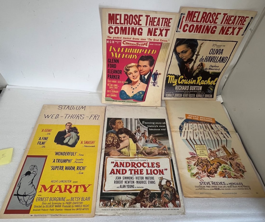 Lot of Vintage Movie Posters (5): Interrupted Melody, Marty, My Cousin Rachel, Androcles and the Lion, Hercules Unchained. 22" H by 14" W