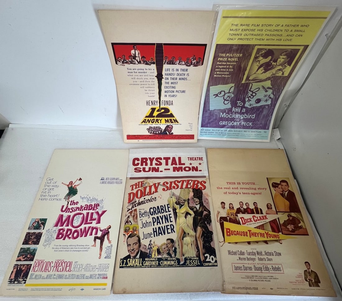 Lot of Vintage Movie Posters (5): 12 Angry Men, Because They're Young, The Unsinkable Moly Brown, To Kill a Mockingbird, The Dolly Sisters 22" H by 13 3/4" W